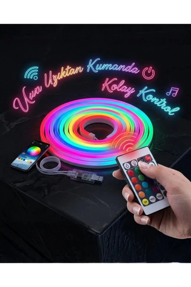 3 Metre RGB Akıllı Neon LED Şerit Işık Telefon ve Kumanda Kontrollü Ambiyans Aydınlatma ürün görseli 1