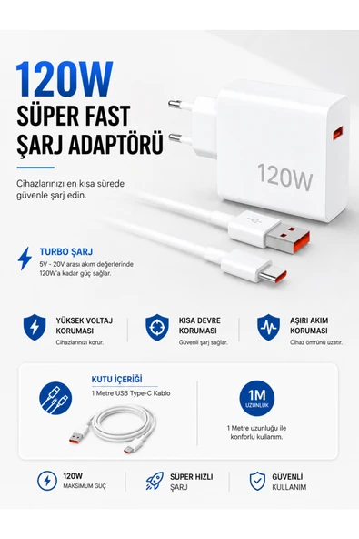 Turbo 120W Hızlı Şarj Cihazı Type-C Kablolu ürün görseli 1