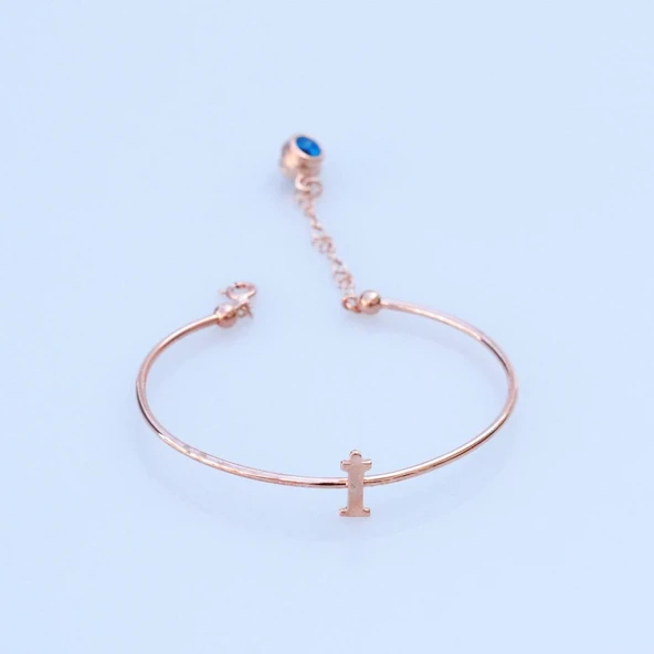 Rose Gold Kaplama Nazar Boncuklu İ Harfi Gümüş Bileklik ürün görseli 1