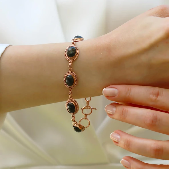 Oval Onix Taşlı Rose Gold Gümüş Bileklik ürün görseli 1