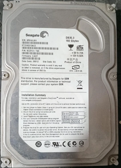 (2.EL)  160GB  SEAGATE IDE  ST3160215ACE 3.5'' 7200RPM HDD (SORUNSUZ) ürün görseli 1