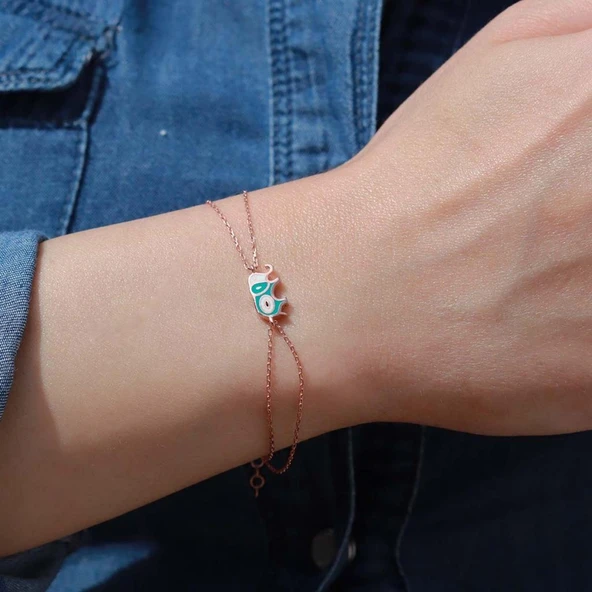 Açık Mavi Fil Figürlü Mine İşli Rose Gold Kaplama Gümüş Bileklik ürün görseli 1
