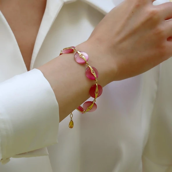 Pembe Kuvars Taşlı Gold Gümüş Bileklik ürün görseli 1