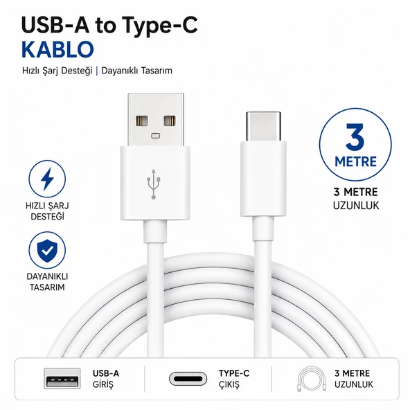 3 Metre USB-A to Type-C Hızlı Şarj ve Veri Kablosu 3 Metre Özgürlük, Kesintisiz Şarj ürün görseli 1