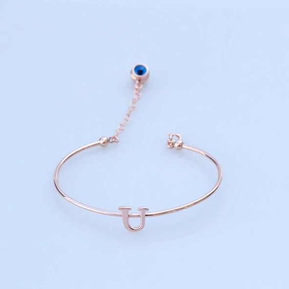 Rose Gold Kaplama Nazar Boncuklu U Harfi Gümüş Bileklik ürün görseli 1