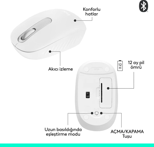 Logitech M196 Bluetooth Kablosuz Kompakt Pc ve Mac ile Uyumlu Mouse - Beyaz - Resim 6