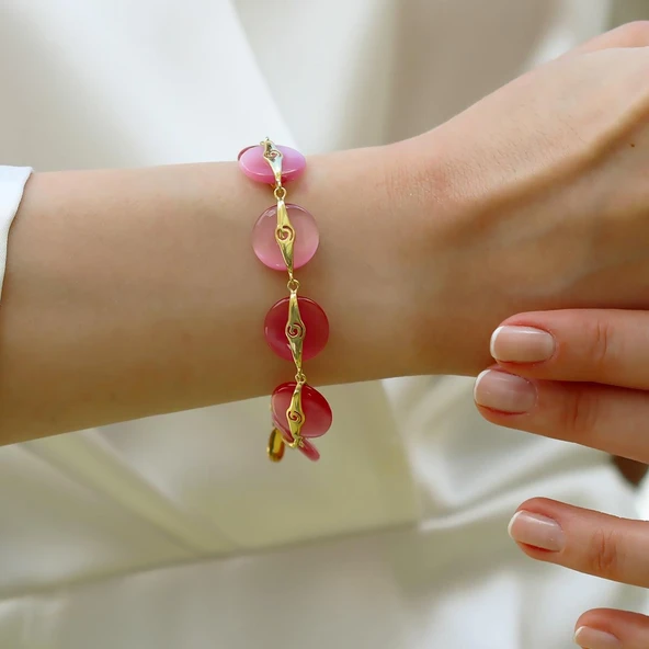 Pembe Kuvars Taşlı Gold Gümüş Bileklik - Resim 3