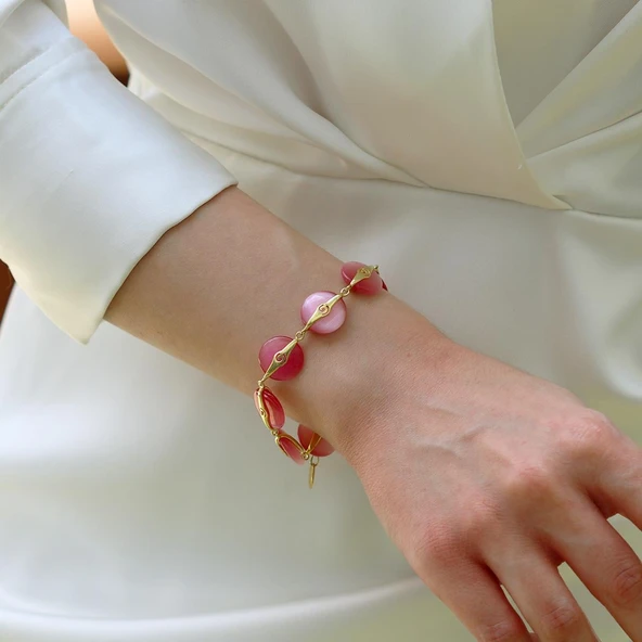 Pembe Kuvars Taşlı Gold Gümüş Bileklik - Resim 2