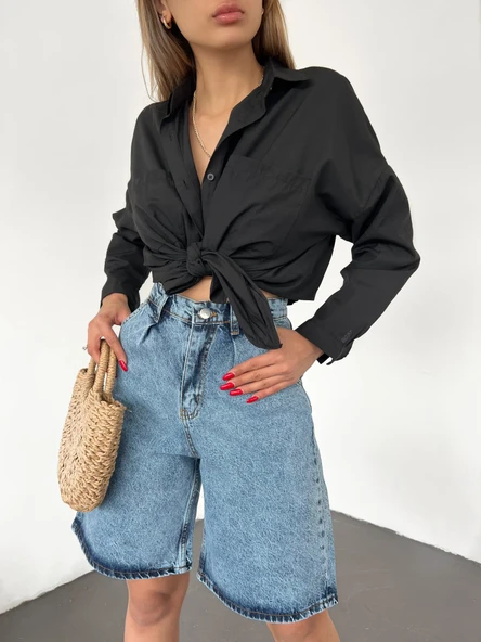 Çift Cepli Bermuda Denim Şort - Resim 7