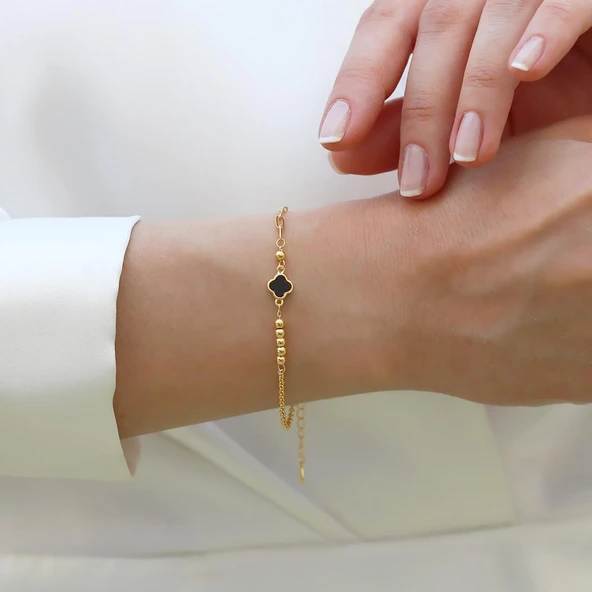 Yonca Siyah Mineli Trend Gold Gümüş Bileklik - Resim 4