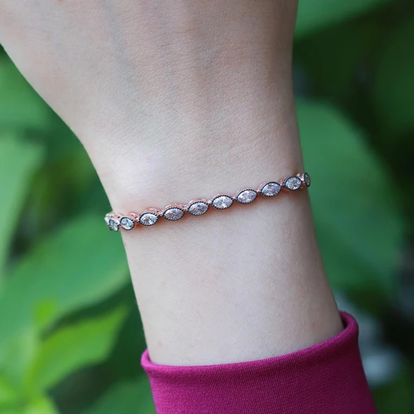 Elmas Montür Asansörlü Rose Gold Kaplama Gümüş Su Yolu Bileklik ürün görseli 1