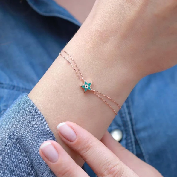 Açık Mavi Yıldız Figürlü Mine İşli Rose Gold Kaplama Gümüş Bileklik ürün görseli 1