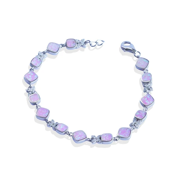 Pembe Opal Taşlı Çiçek Gümüş Bileklik - Resim 5
