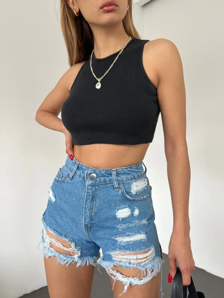 Yıkamalı Lazer Yırtıklı Mini Denim Şort - Resim 5