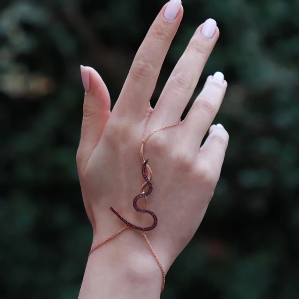 Fuşya Zirkon Taşlı Yılan Modeli Rose Gold Kaplama Gümüş Şahmeran ürün görseli 1
