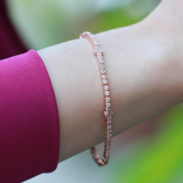 Elmas Montür Modeli Su Yolu Rose Gold Kaplama Gümüş Bileklik ürün görseli 1