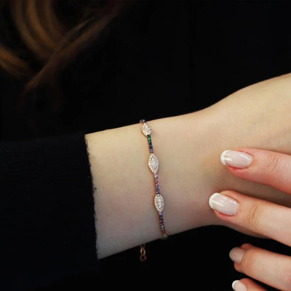 Renkli Zirkon Taşlı Su Yolu Rose Gold Kaplama Gümüş Bileklik ürün görseli 1