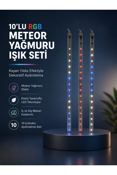 Dekoratif RGB LED Işık Çubuğu Seti 10 Adet Çubuk Kayan Yıldız Efektli ürün görseli 1