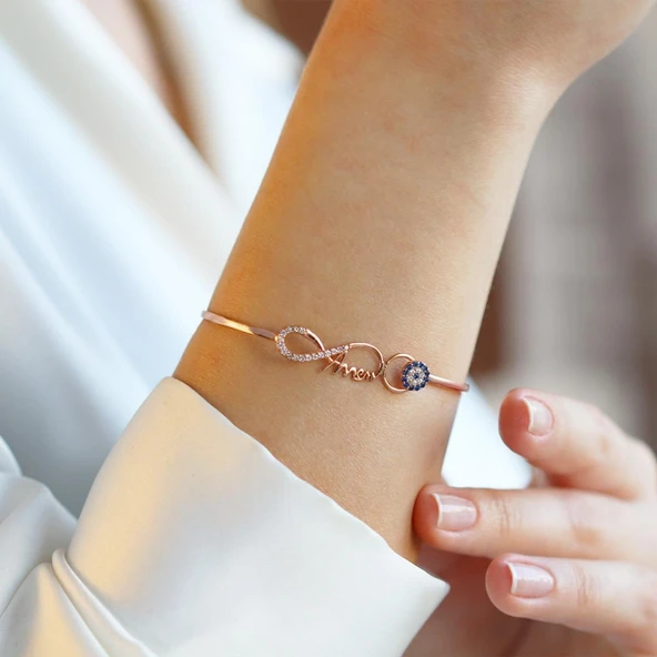 Sonsuzluk Nazar Boncuklu Annem Yazılı Rose Gold Kaplama Gümüş Kelepçe ürün görseli 1