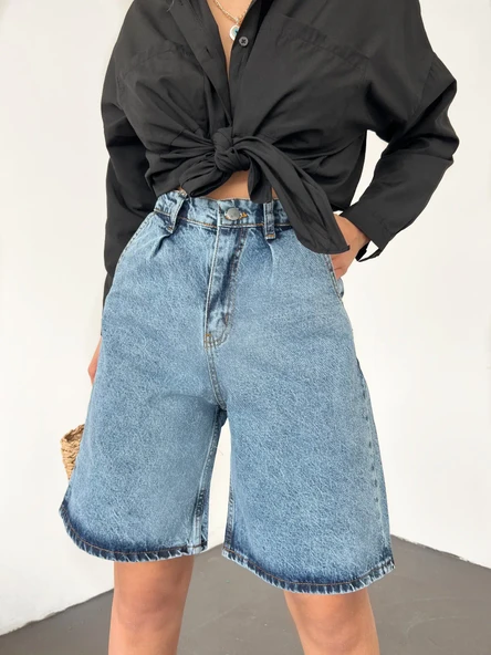 Çift Cepli Bermuda Denim Şort - Resim 6