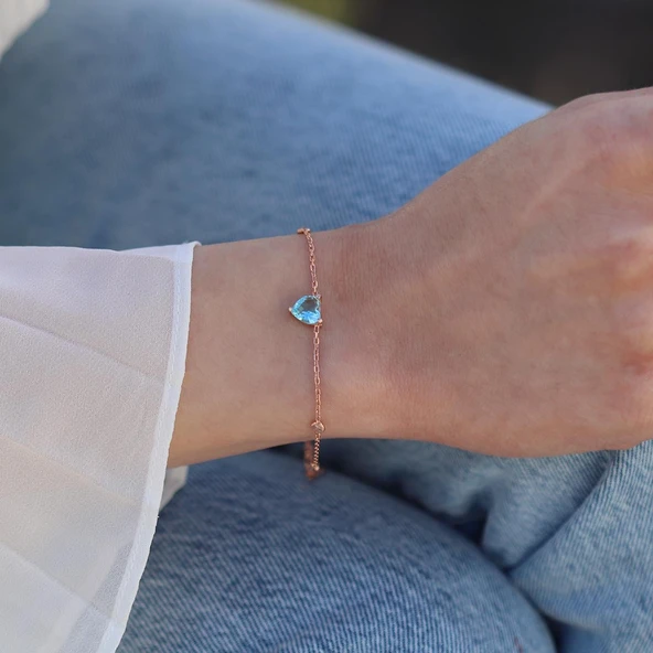 Aquamarin Taşlı Rose Gold Kaplama Sevgili Kalp Gümüş Bileklik ürün görseli 1