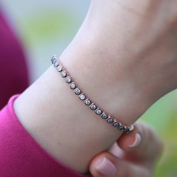 Elmas Montür Rose Gold Kaplama Su Yolu Gümüş Bileklik ürün görseli 1