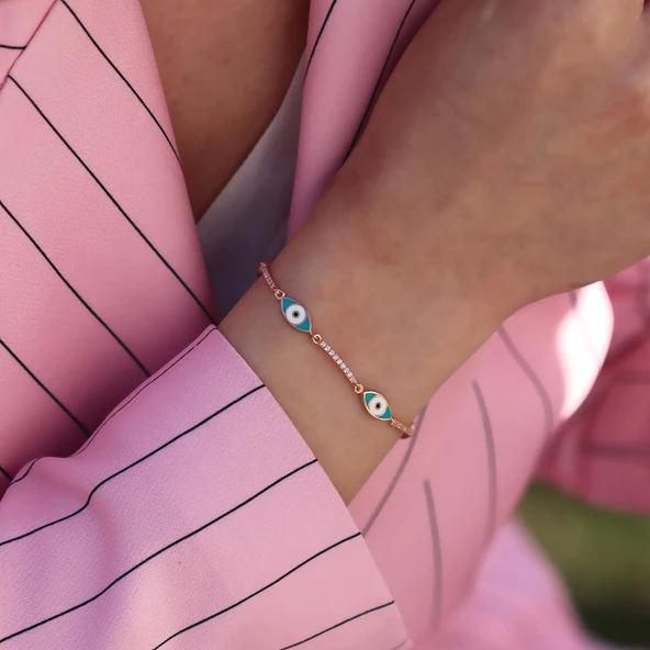 Zirkon Taşlı Mavi Mine İşli Göz Modeli Rose Gold Kaplama Gümüş Bileklik ürün görseli 1