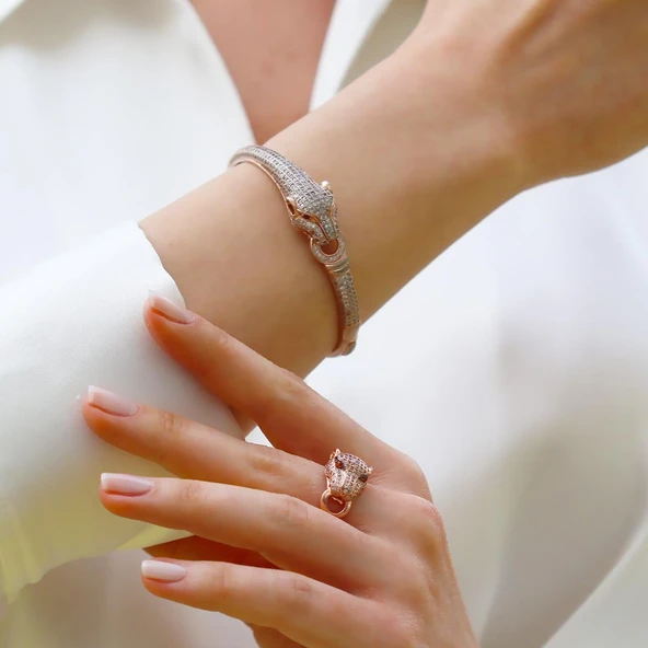 Kaplan Başlı Zirkon Taşlı Rose Gold Gümüş Set ürün görseli 1