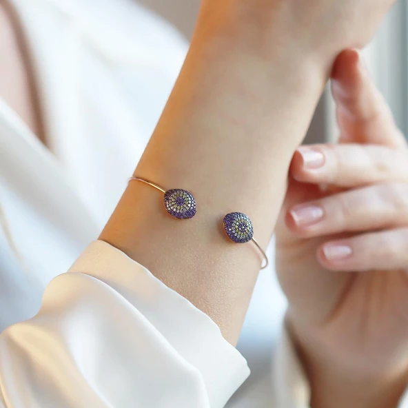 2'li Nazar Mor Taşlı Rose Gold Kaplama Gümüş Kelepçe ürün görseli 1