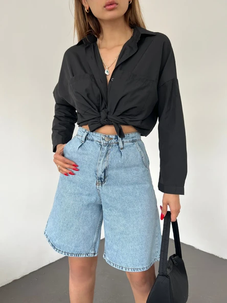 Çift Cepli Bermuda Denim Şort - Resim 3