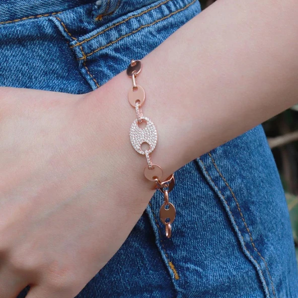 Düğme Modeli Zirkon Taşlı Rose Gold Kaplama Gümüş Bileklik ürün görseli 1