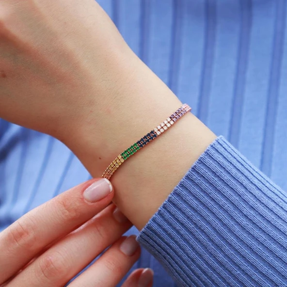 2 Sıra Renkli Zirkon Taşlı İnce Rose Gold Kaplama Su Yolu Gümüş Bileklik ürün görseli 1