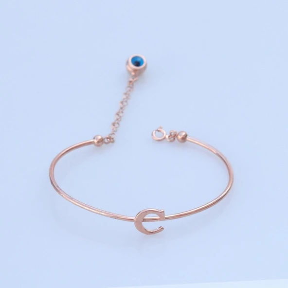 Rose Gold Kaplama Nazar Boncuklu C Harfi Gümüş Bileklik ürün görseli 1