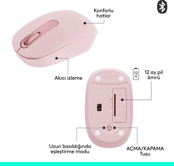 Logitech M196 Bluetooth Kablosuz Kompakt Pc ve Mac ile Uyumlu Mouse - Pembe - Resim 5