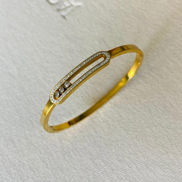 Hareketli Taşlı Gold Çelik Kelepçe - Resim 3