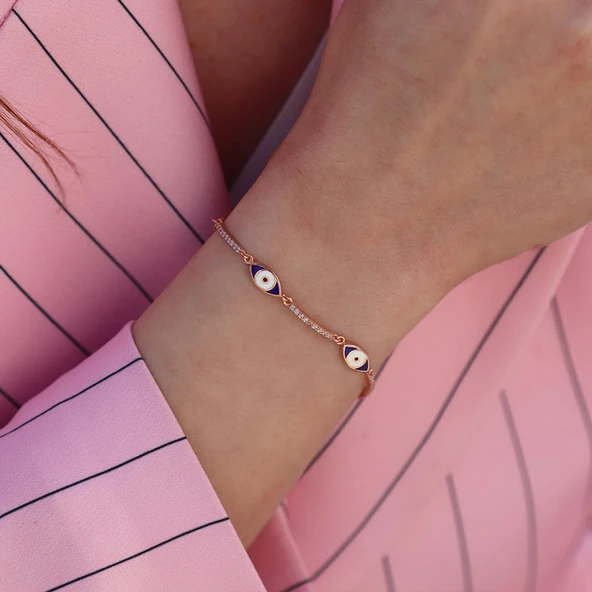 Zirkon Taşlı Lacivert Mine İşli Göz Modeli Rose Gold Kaplama Gümüş Bileklik ürün görseli 1