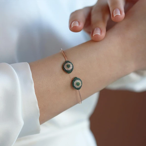 2'li Nazar Yeşil Taşlı Rose Gold Kaplama Gümüş Kelepçe ürün görseli 1