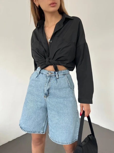 Çift Cepli Bermuda Denim Şort - Resim 2