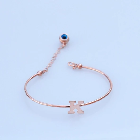 Rose Gold Kaplama Nazar Boncuklu K Harfi Gümüş Bileklik ürün görseli 1