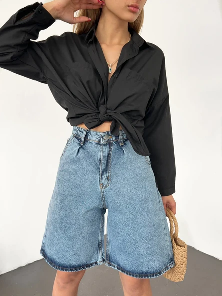 Çift Cepli Bermuda Denim Şort - Resim 8