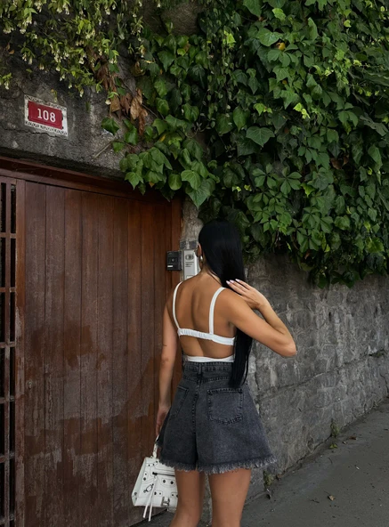 Geniş Paça Püsküllü Denim Şort - Resim 6