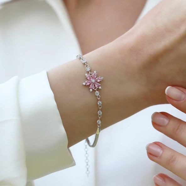 Pembe Zirkon Taşlı Lotus Çiçeği Gümüş Bileklik ürün görseli 1