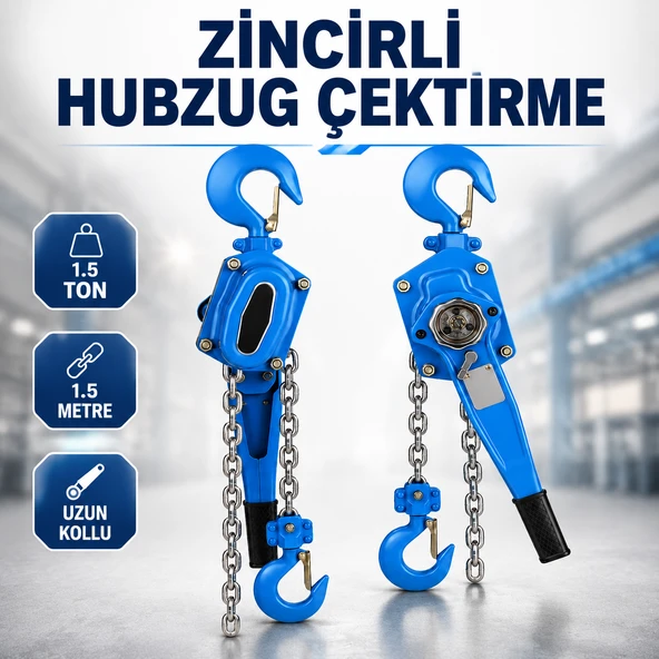 Zincirli Hubzug Çektirme 1.5 Ton 1.5 Metre Çift Mandallı Manuel Vinç Uzun Kollu Yük Kaldırma Aparatı ürün görseli 1