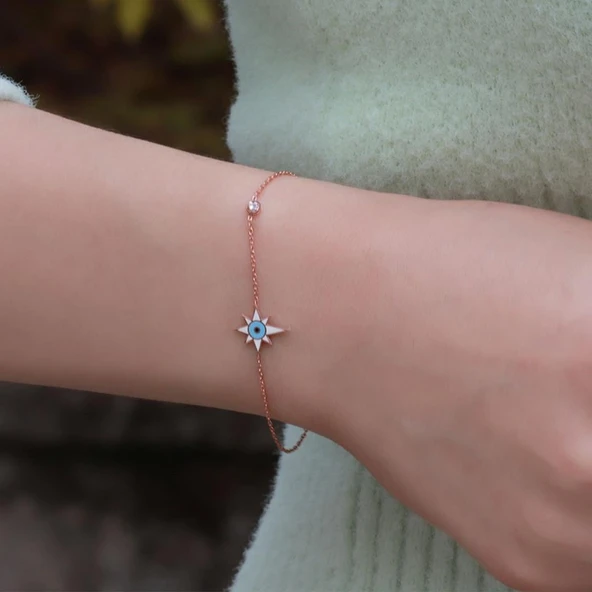 Kutup Yıldızı Figürlü Zirkon Taşlı Mine İşli Rose Gold Kaplama Gümüş Bileklik ürün görseli 1