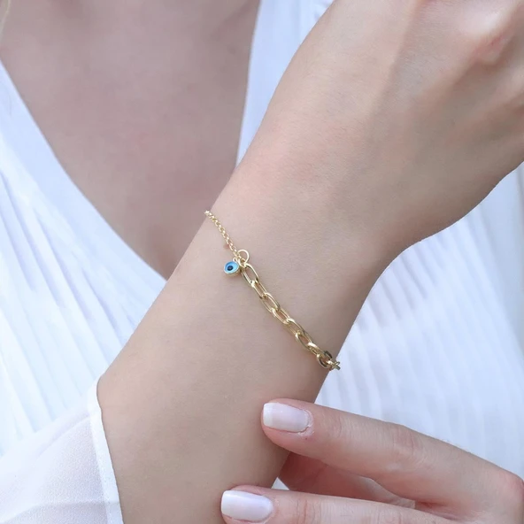 Mini Geçme Halkalı Nazar Boncuklu Gold Kaplama Gümüş Hallow Bileklik ürün görseli 1