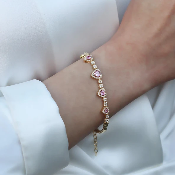 Pembe Kalp Gold Kaplama Gümüş Bileklik ürün görseli 1
