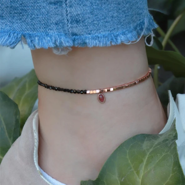 Pembe Kuvars Taşlı Oval Rose Gold Halhal ürün görseli 1