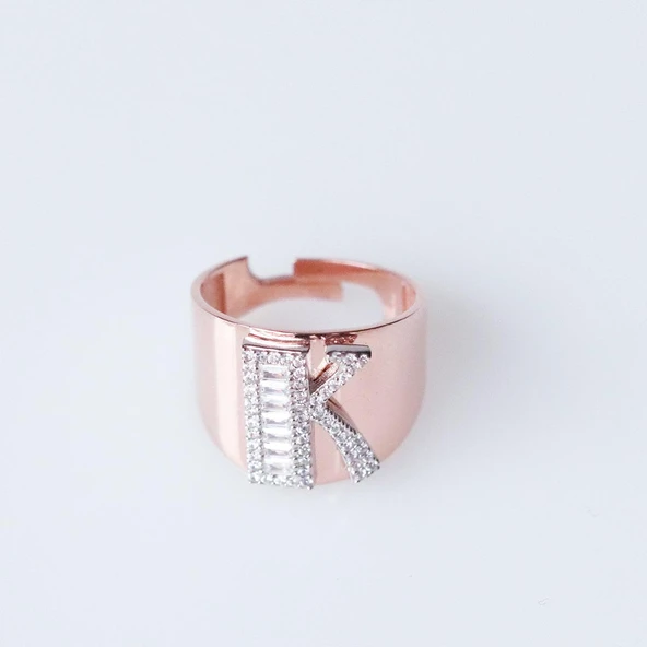 K Harfi Baget Taşlı Rose Gold Kaplama Gümüş Yüzük ürün görseli 1