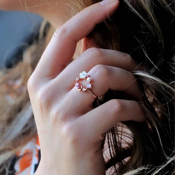 İnci ve Çiçek Motifli RoseGold Kaplama 925 Ayar Gümüş Yüzük ürün görseli 1