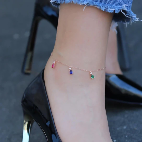 Renkli Zirkon Taşlı Damla Modeli Rose Gold Kaplama Gümüş Halhal ürün görseli 1